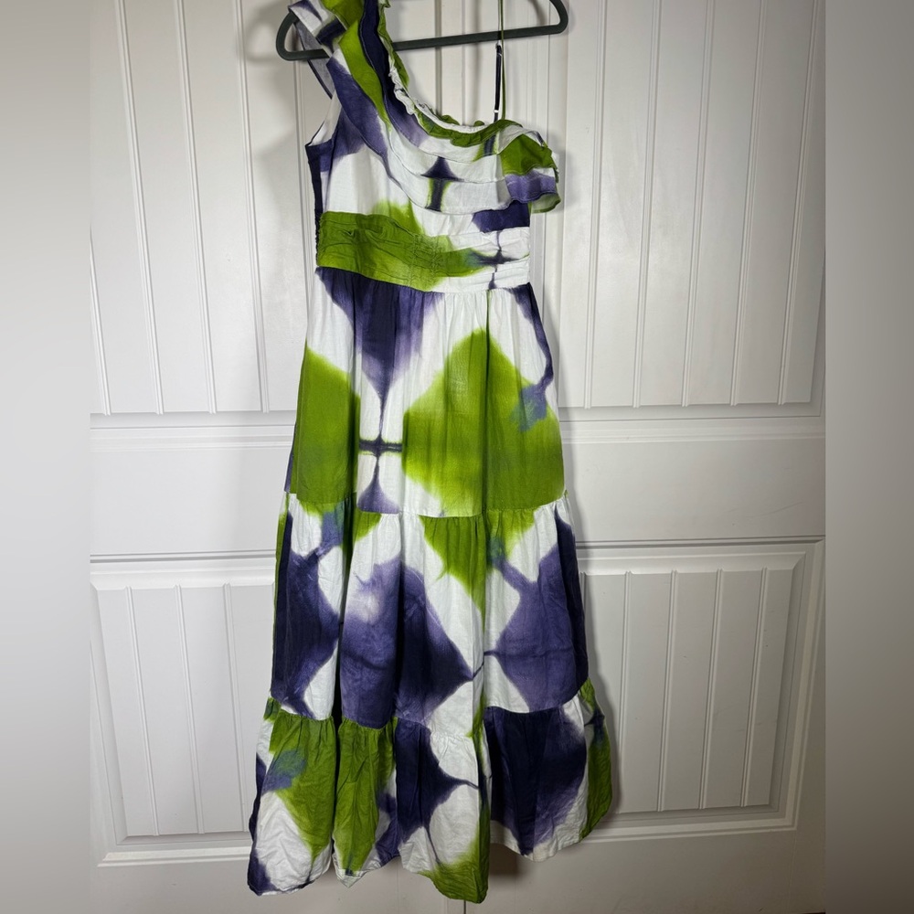 Busayo Collective Dress Sz 4 Green Cotton Tie Dye One Shoulder Pockets Ruffle